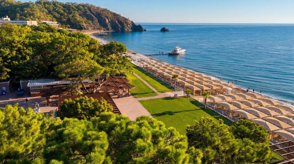 a view of a beach with a boat in the water at Rai Foresta Tekirova & SPA in Kemer
