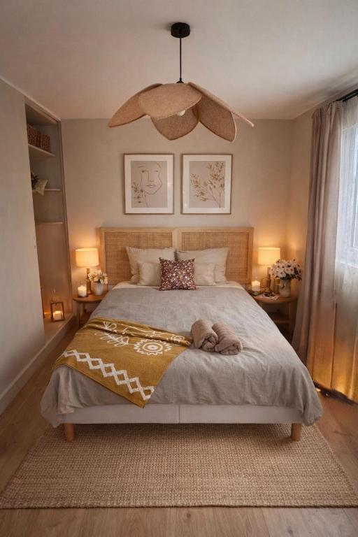 a bedroom with a bed with a stuffed animal on it at La Romance in Acy-Romance