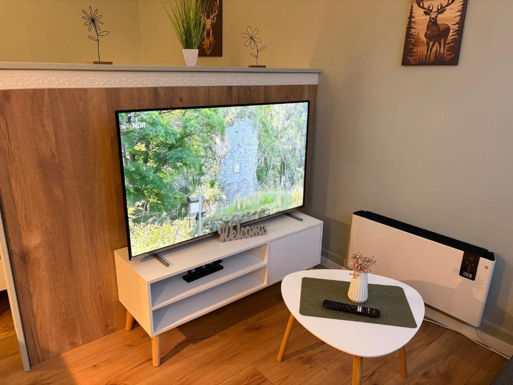a living room with a large flat screen tv at Appartement Königshütte in Königshütte