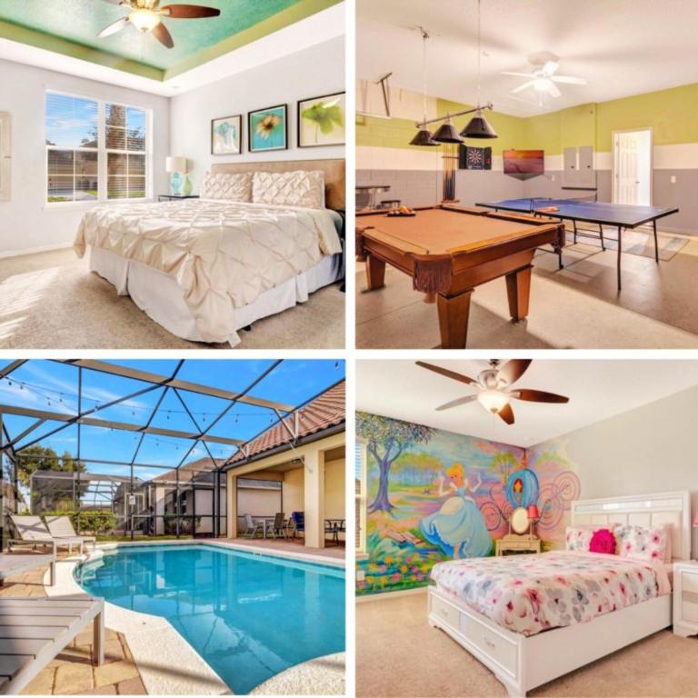 a collage of four pictures of a bedroom and a pool at Ev1339 - Sunset Palm Retreat in Davenport