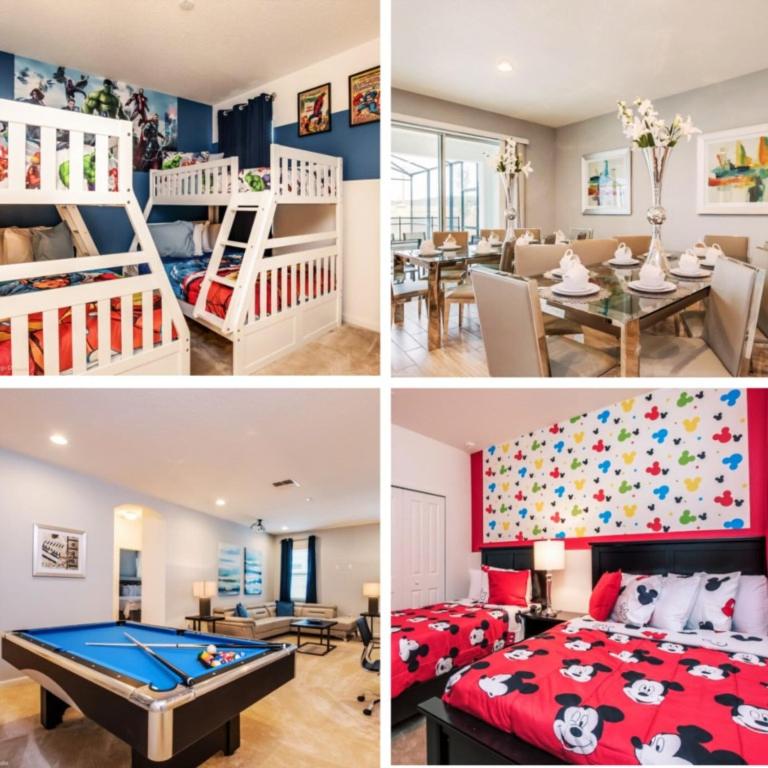 four pictures of a bedroom and a living room with a pool table at 10Br Retreat With Private Pool & Spa in Kissimmee