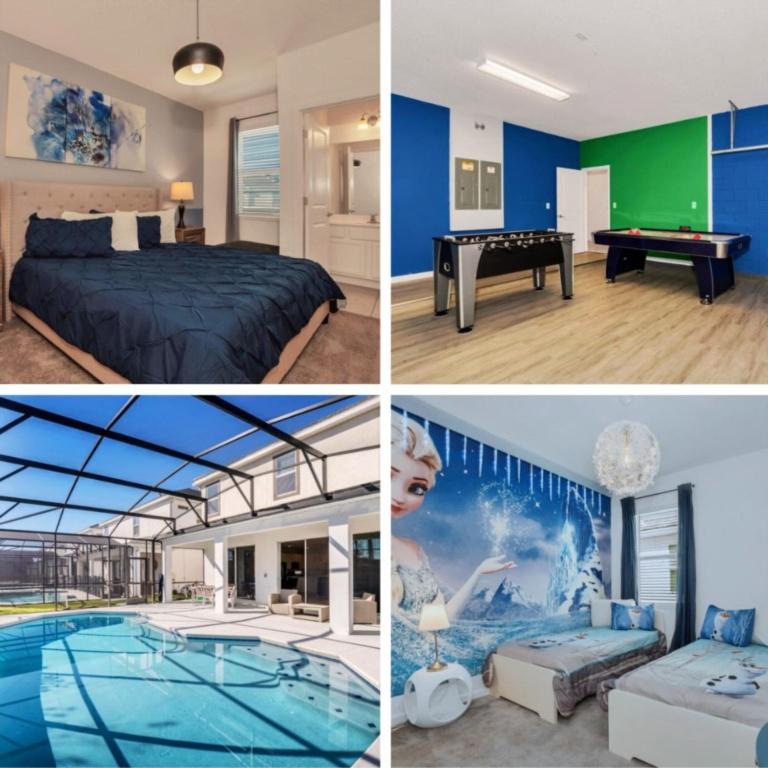 a collage of pictures of a bedroom and a pool at Ev2613 - Grand Horizon Manor in Kissimmee