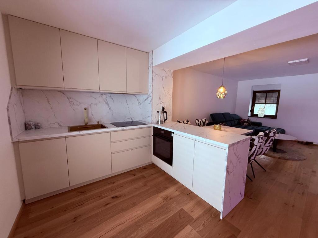 a kitchen with white cabinets and a counter top at Villa Vita - GLORIA in Slovenj Gradec