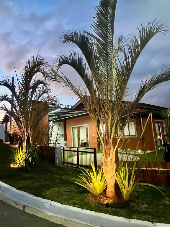 two palm trees in front of a house at Refúgio no Campo in Mairinque