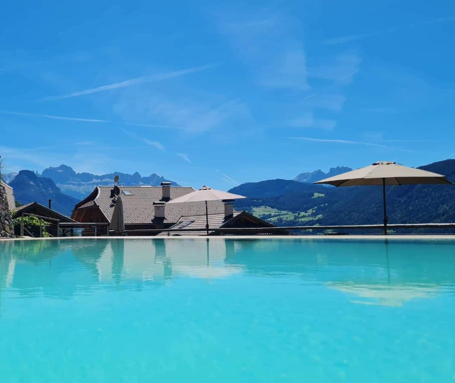 a swimming pool with blue water and an umbrella at Löchlerhof in Ritten
