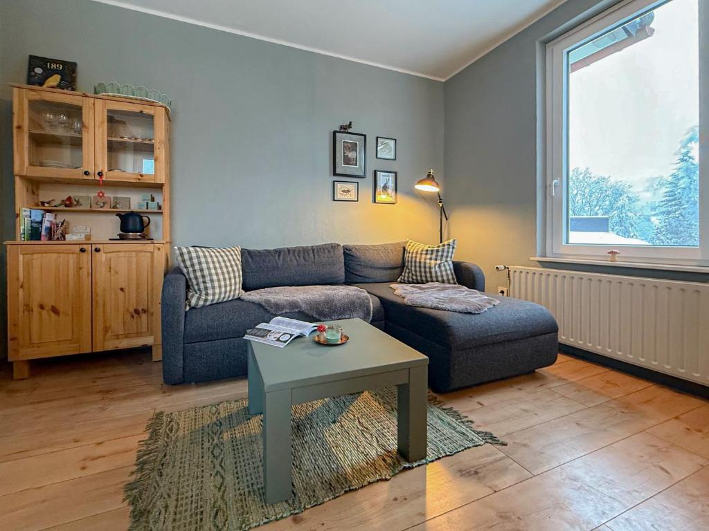 a living room with a blue couch and a table at Schöngrün in Sankt Andreasberg