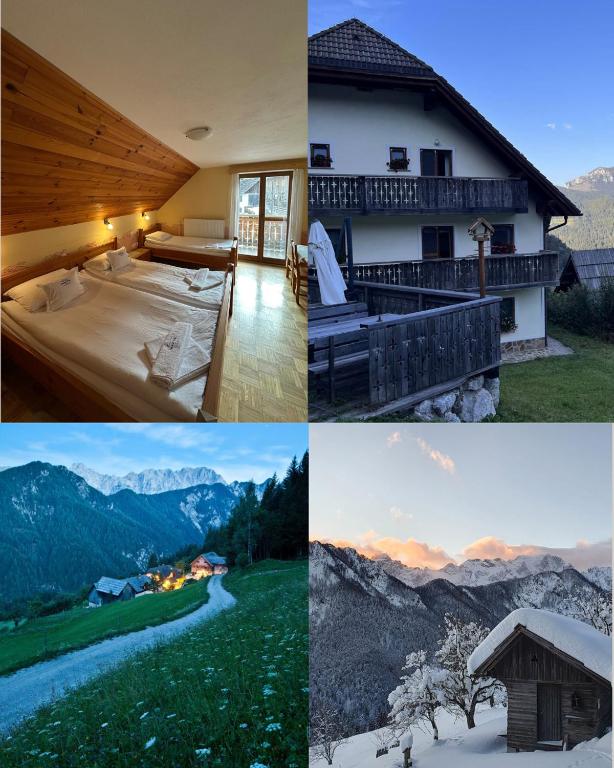 a collage of photos with a house and mountains at Kmetija Matk in Solčava