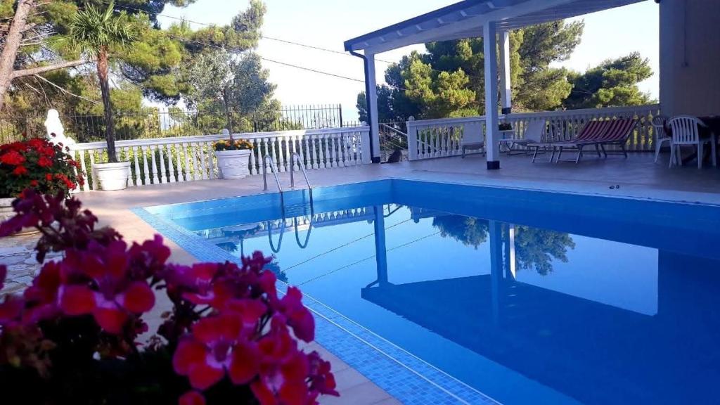 a swimming pool with flowers in a yard at Hotel Gezimi in Shëngjin