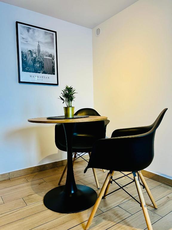 a table and two chairs in a room at Różana City Apartaments in Kutno