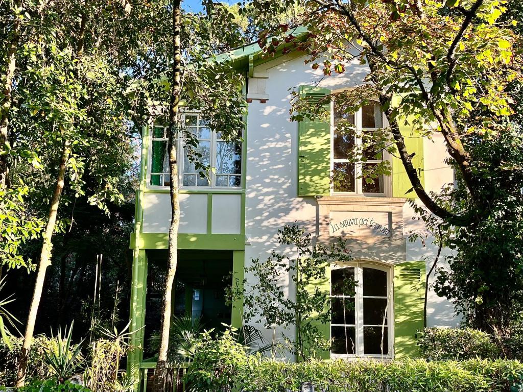 a green and white house with trees in front of it at Les Mimosas in Arcachon