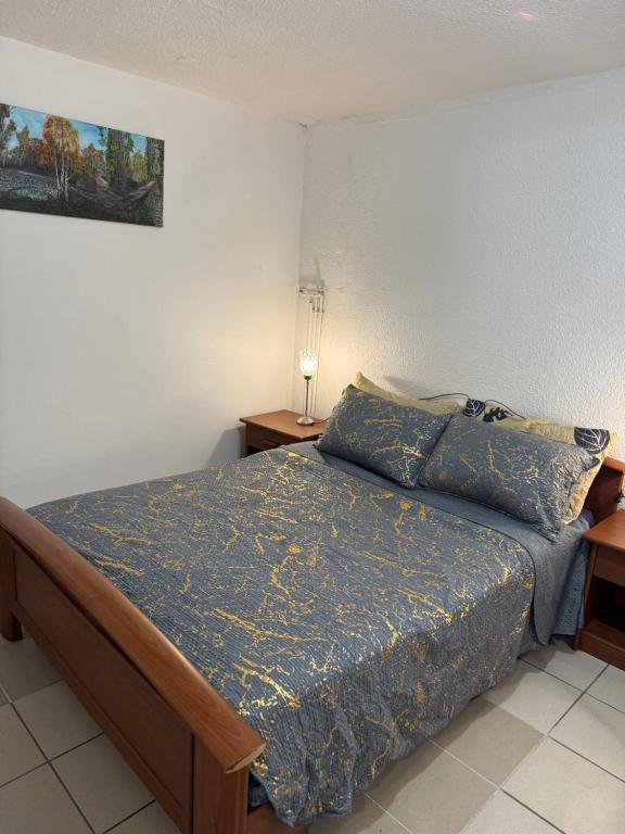a bedroom with a bed with a blue comforter at Apparemment 2 pièces in Vaulx-en-Velin
