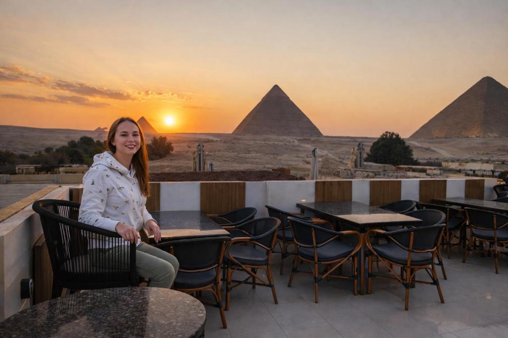 a woman sitting at a table with the pyramids in the background at Pyramids Holiday Escape in Cairo