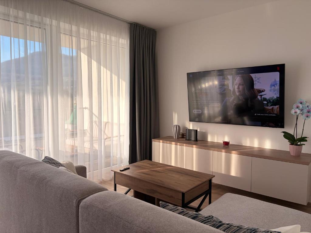 a living room with a couch and a tv at Sekvoja view apartment in Nová Baňa