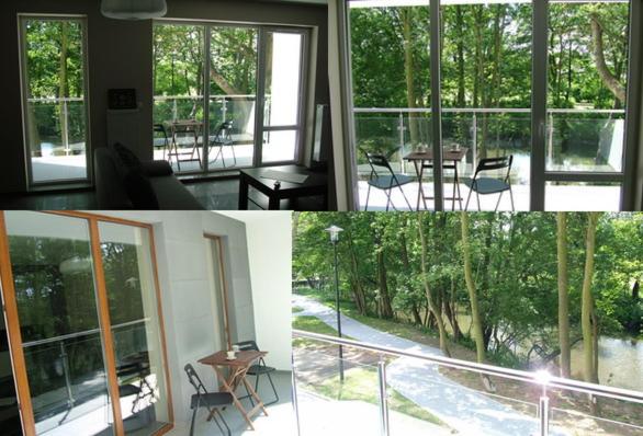 a collage of three pictures of a room with windows at Cicha Przystań - Apartament Wyspa Solna in Kołobrzeg