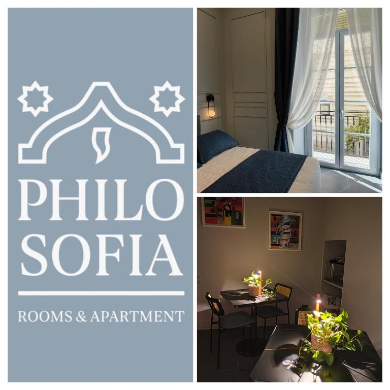 a collage of two pictures of a hotel room at Philosofia in Naples