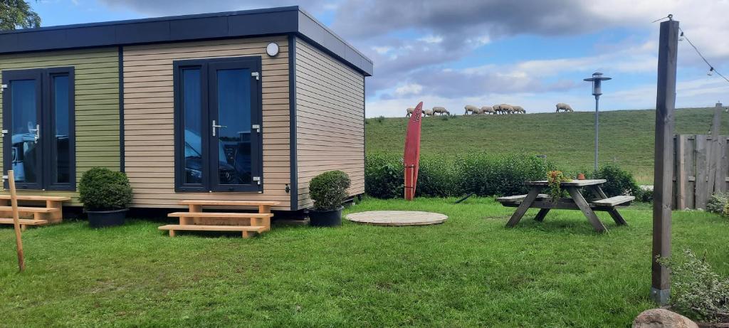 a small cabin with a picnic table and animals on a hill at Surf Shack 3 - Zimmer am Strand, Parkplatz, WLAN, Kiten, Surfen, Chillen im Gemeinschaftsgarten, Naturstrand, Restaurants und Geschäfte in 5 Minuten erreichbar, lockere Atmosphäre in Dahme