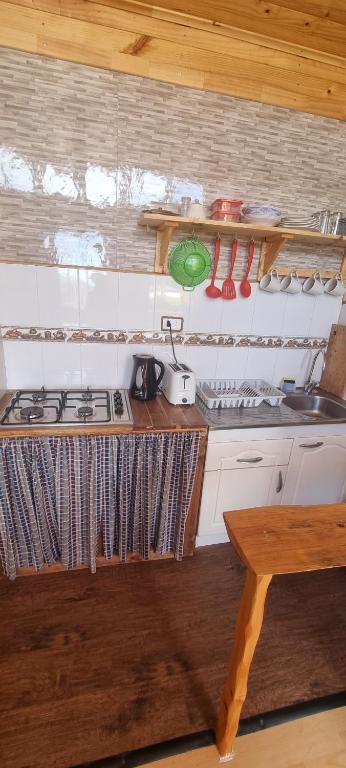a kitchen with a stove and a sink and a table at Cabaña Vicente del Mar in Isla Negra