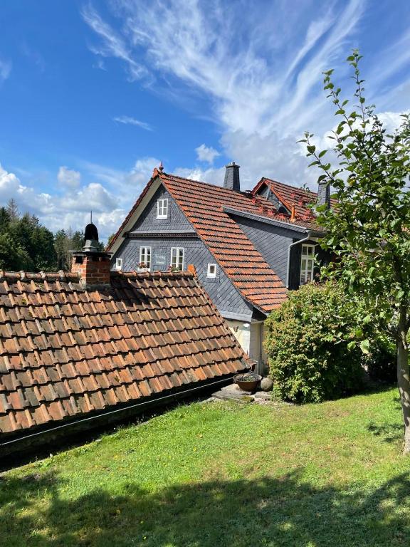 a house with red tile roofs in a yard at Ferienwohnung Hansnhof in Wilhelmsthal