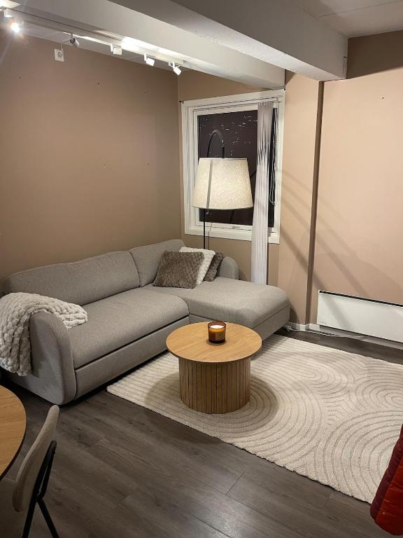 a living room with a couch and a coffee table at Modern apartment - Balcony, Parking, BBQ in Vossevangen