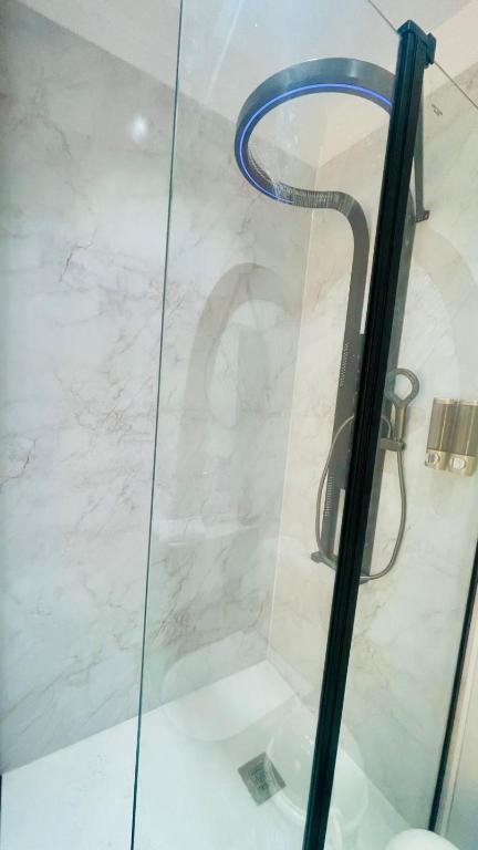 a shower with a glass door with a hose at B's House in Pointe-à-Pitre