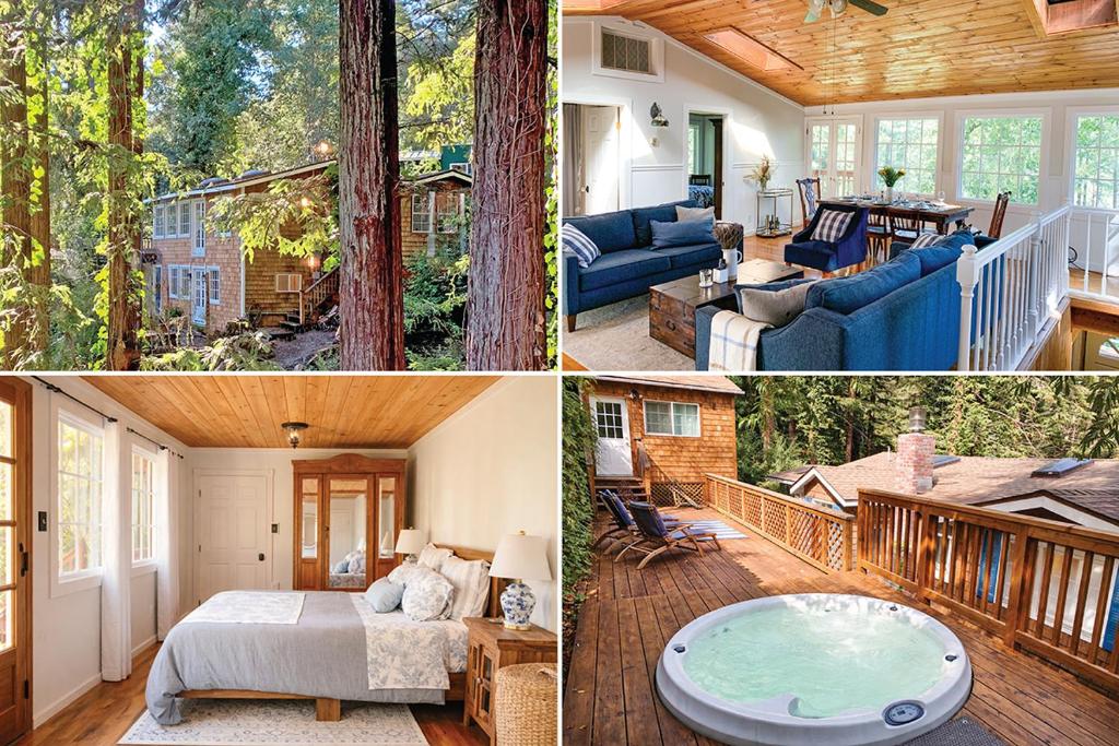 a collage of three pictures of a house with a pool at The Ivywood in Guerneville