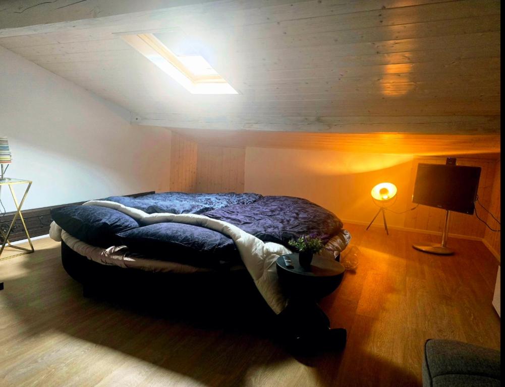 a bedroom with a bed in a room with a light at B&B MaMi in Agno