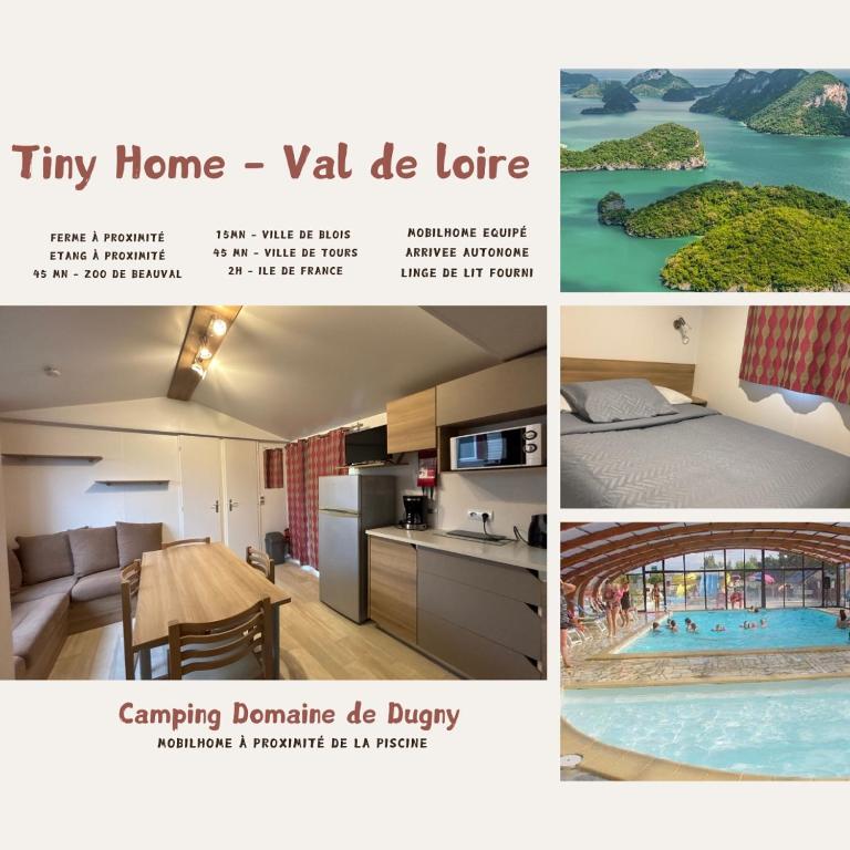 a collage of three pictures of a apartment at Chaleureux Tiny Home à 45 mn du Zoo de Beauval in Veuzain-sur-Loire