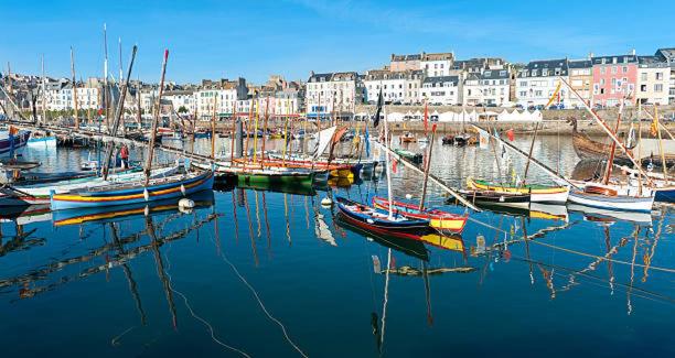 a bunch of boats are docked in a harbor at Centre ville Douarnenez in Douarnenez