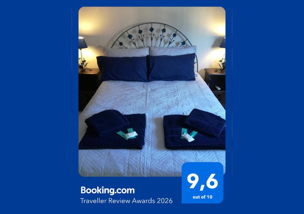 a bedroom with a bed with blue pillows on it at Departamento centrico sobre calle principal in San Miguel de Tucumán