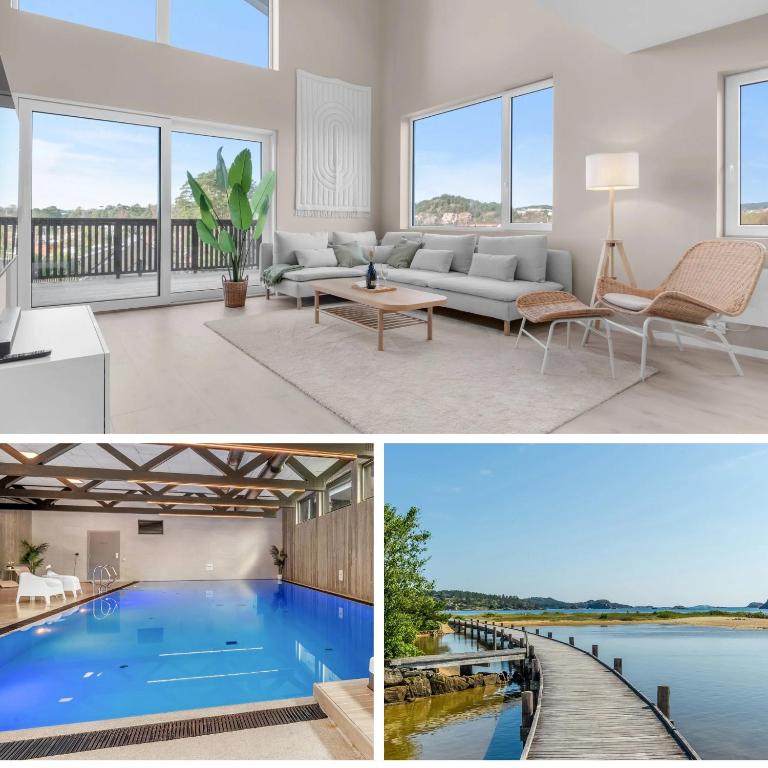 a collage of photos with a living room and a pool at Sunset Bay Penthouse in Kristiansand