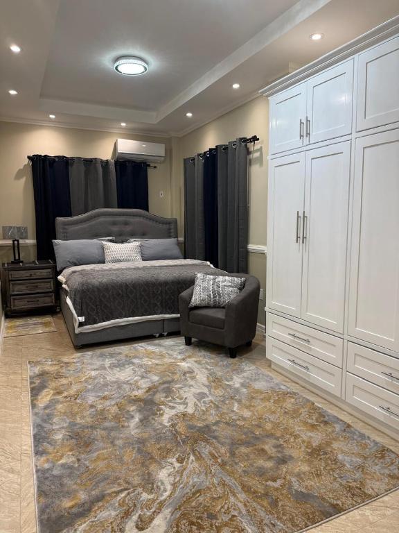 a bedroom with a bed and a chair and a rug at Lumiere Suites in Georgetown
