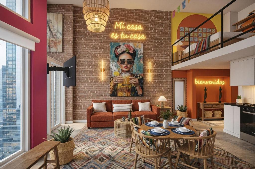 a living room with a couch and a table at Casa DT Vancouver - Mexican Theme in Vancouver