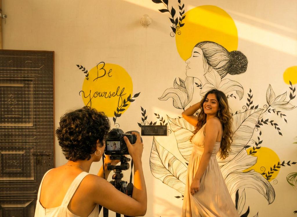 a woman taking a picture of a woman painting a wall at SAIR Hostel, Varanasi - 100m from Assi Ghat in Varanasi