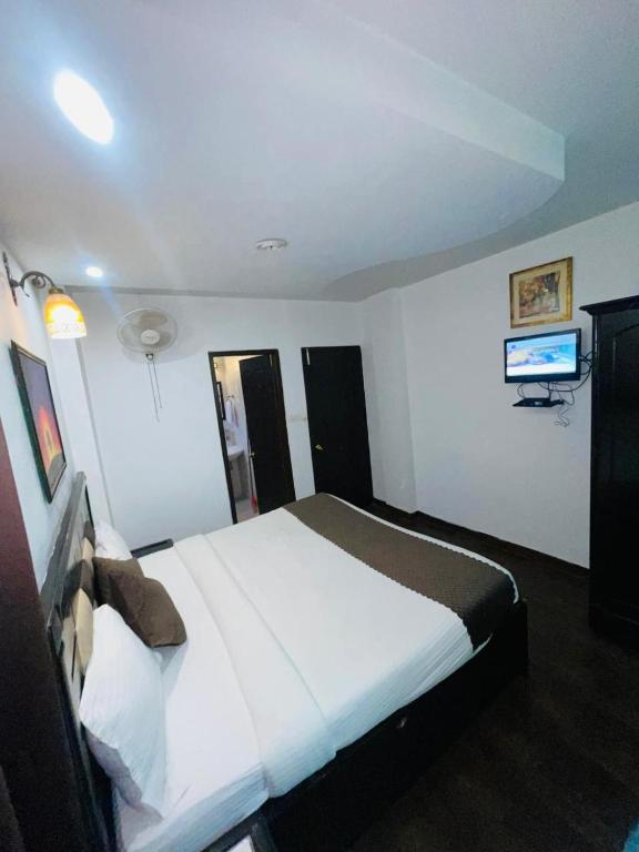a bedroom with a bed and a tv on the wall at Upper city heart hotel #Atithi Devo Bhava #Mountain View # Cheap Hotel Best Prices Guaranteed with Deals#Free Parking#cricket stadium 8 km#Mcleodganj 2 km- Bhagsunag 4 km in Dharamshala
