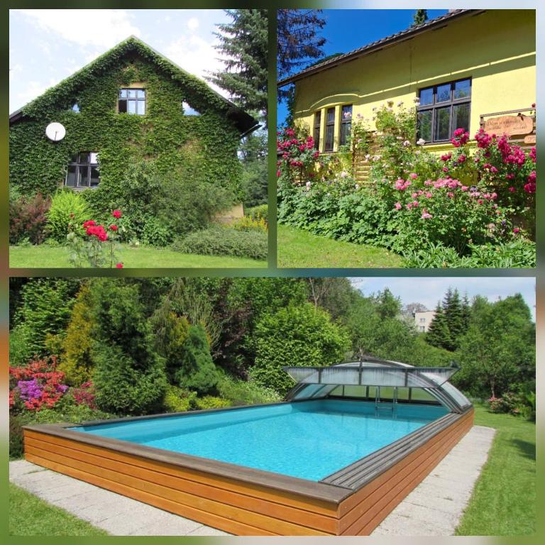 a collage of pictures of a house and a swimming pool at Dům u rybníka in Nýdek