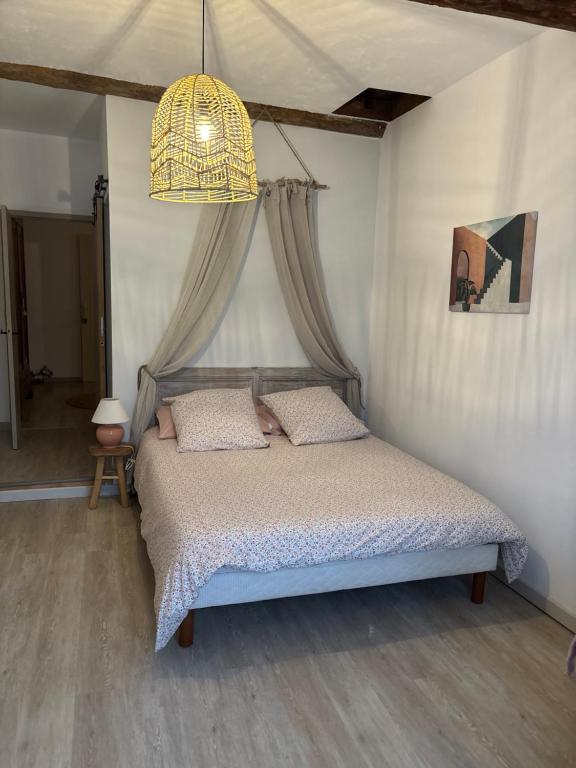 a bedroom with a bed and a chandelier at La Pause Bonheur La Campagnarde in Luc-sur-Orbieu