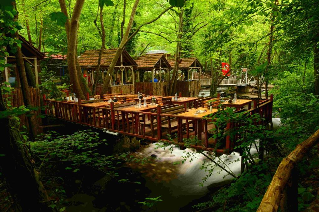 a restaurant in the middle of a forest at Karaaslan Kamping Tesisleri in Kazandere