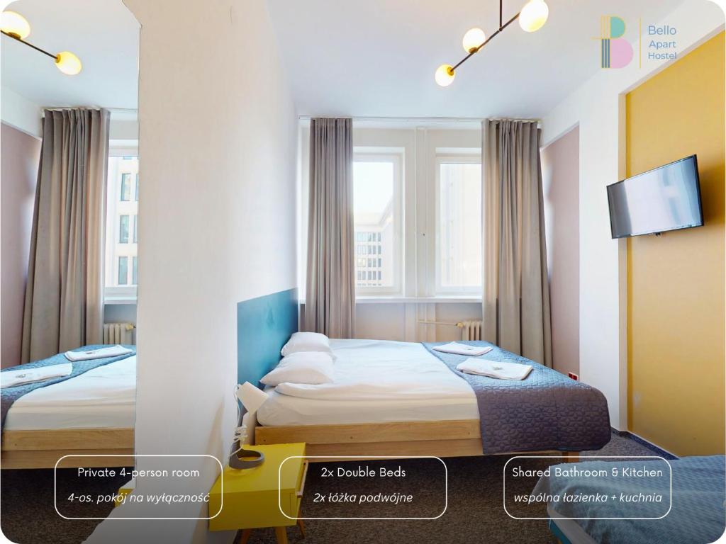 a room with two beds and a tv in it at Bello ApartHostel Private Rooms in Warsaw
