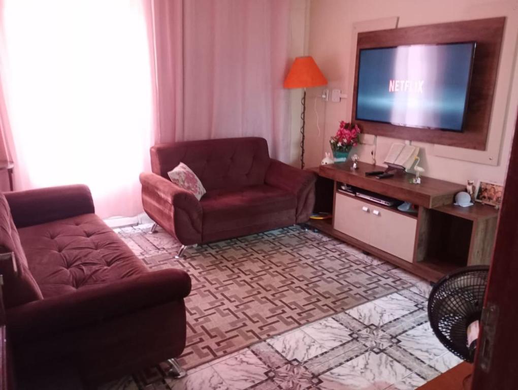 a living room with a couch and a flat screen tv at Nossa Senhora Aparecida Apartment in Cachoeira Paulista