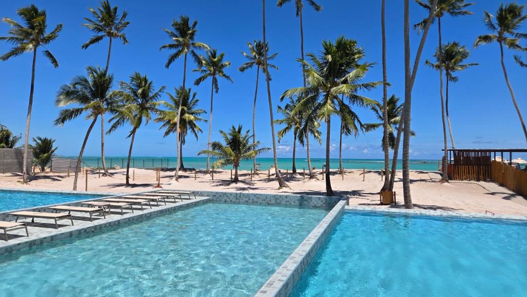 a swimming pool with palm trees and the beach at Ipioca Beach Life Maceió beira mar in Maceió