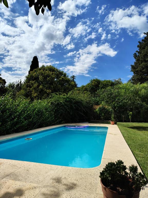 a blue swimming pool in a yard with trees at Los jazmines de Duggan in Duggan