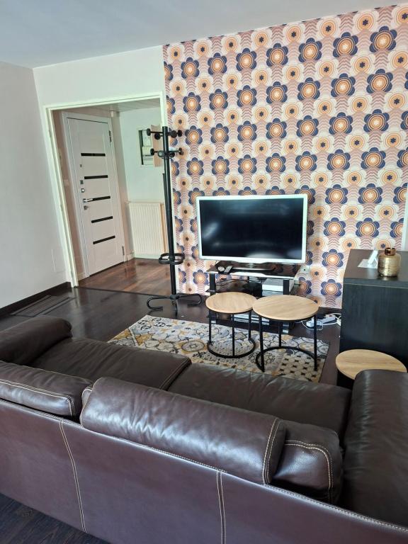 Appartement في بيزييه: غرفة معيشة بها أريكة جلدية وجهاز تلفزيون بشاشة مسطحة