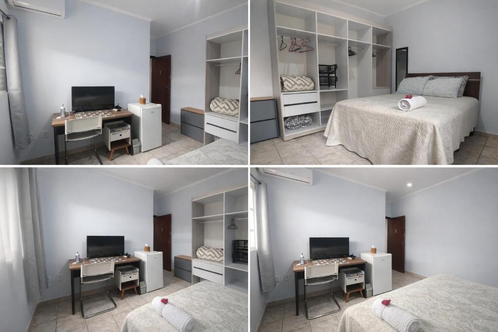 a room with a bed and a desk with a television at Quarto Divas na Sakura House in Indaiatuba