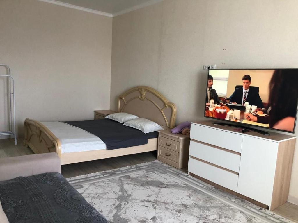 a bedroom with a bed and a flat screen tv at ЖК 'Арман ' in Aktobe