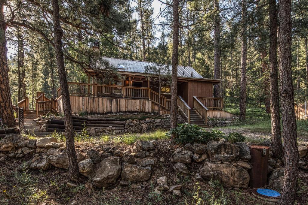 a log cabin in the woods with trees at RockInn Pines in Ruidoso