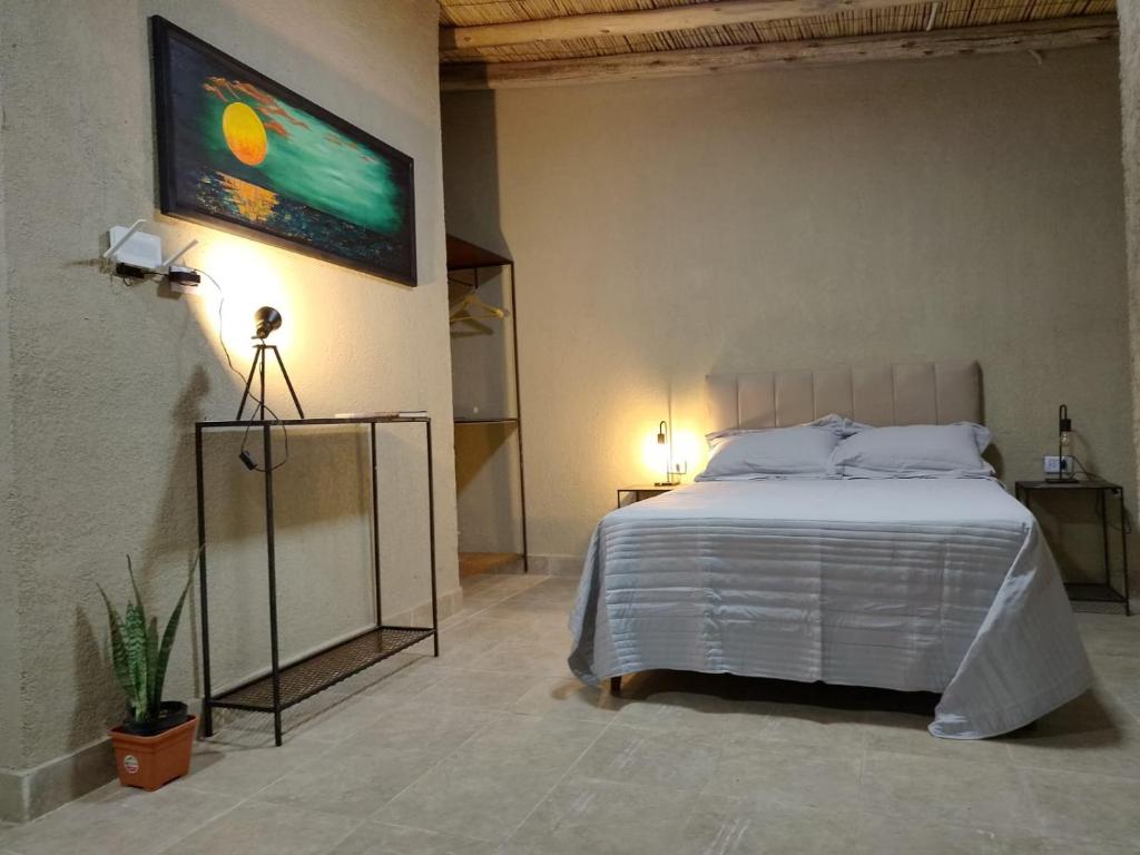 a bedroom with a bed and a painting on the wall at Dormis Talampaya in Villa Unión