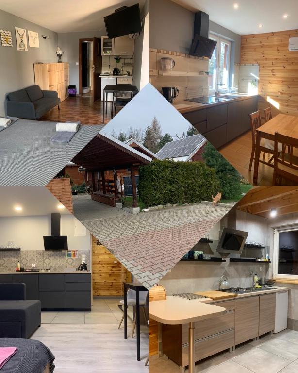 a collage of photos of a kitchen and a living room at Domki całoroczne - u Ptaka - Miłków in Miłków