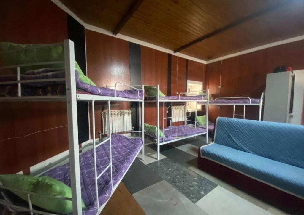 a room with several bunk beds and a couch at Мужской Хостел in Astana