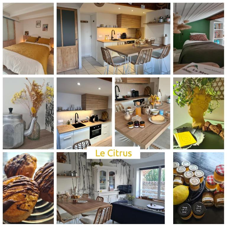 a collage of pictures of a kitchen and a room at Le Citrus - Séjour cosy en plein centre historique in Montaigu-Vendée