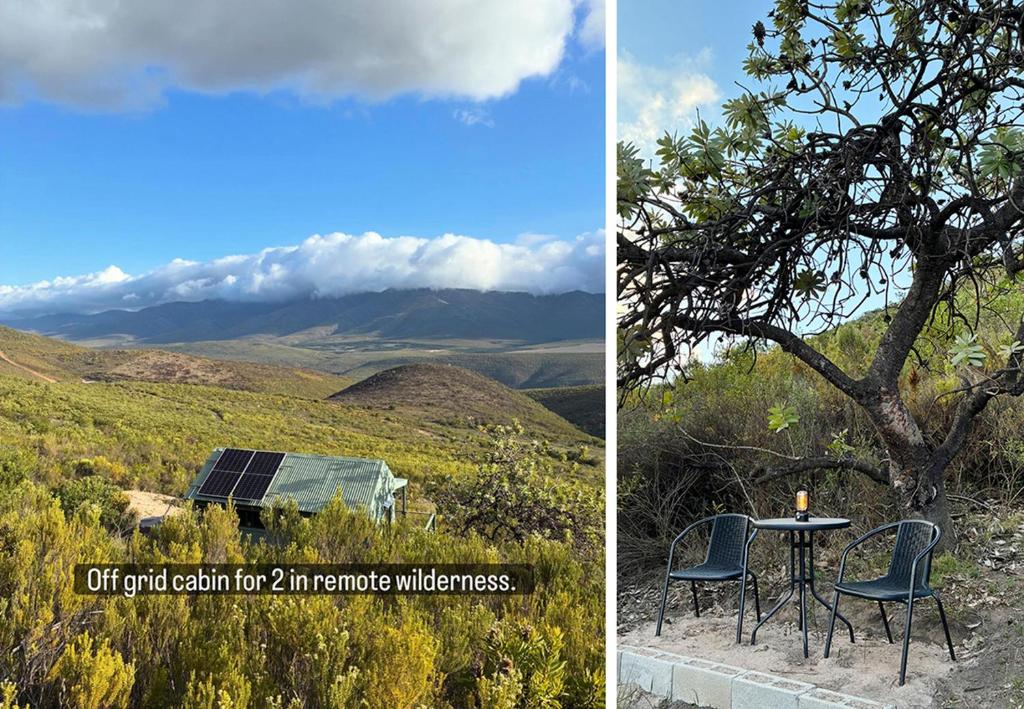 a table and chairs and a view of a mountain at Off grid cabin for 2 in the Langkloof in Kareedouw